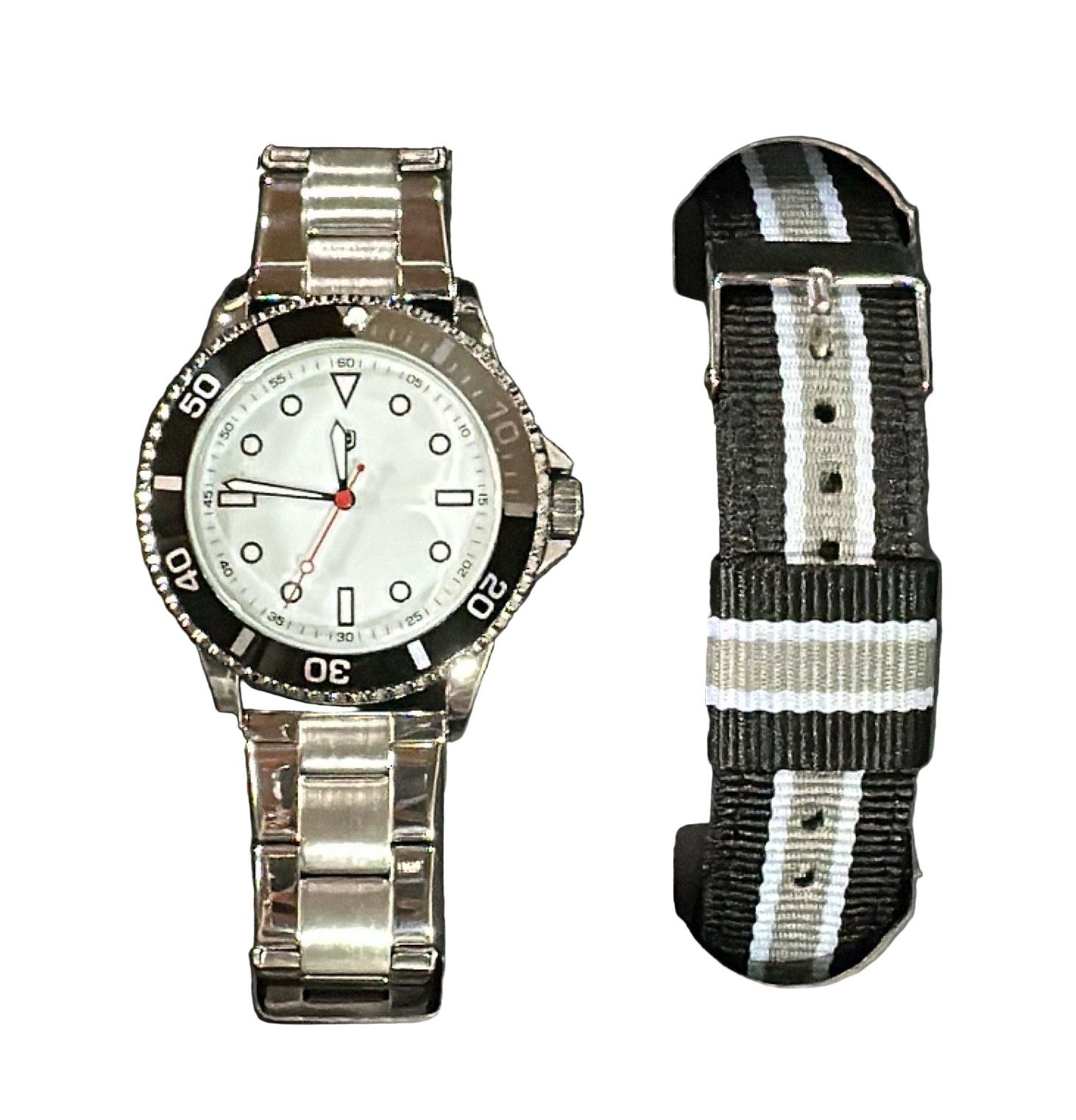 Silver watch with a white face and black bezel, accompanied by a black and white striped NATO strap on a dark background.